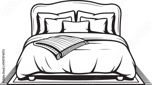 Cozy Bedroom Interior Line Art Illustration, Bed and Furniture Coloring Page