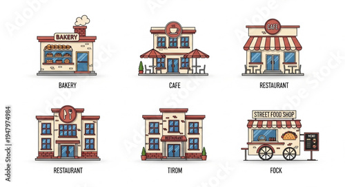 Collection of Diverse Building Illustrations - Bakery, Cafe, Restaurant, Residence, Hotel, and Kiosk.