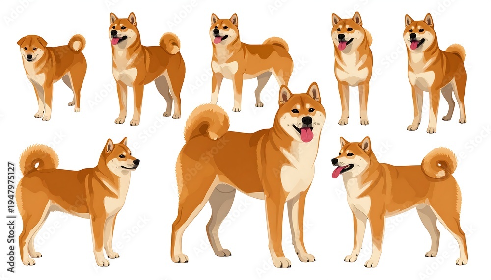 Fototapeta premium Group of Shiba Inu dogs in various poses with their tongues out, on a white background