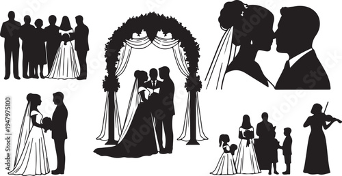 Wedding Silhouettes Collection Vector Illustration. Bride, Groom, Ceremony, Guests. isolated PNG with Transparent Background