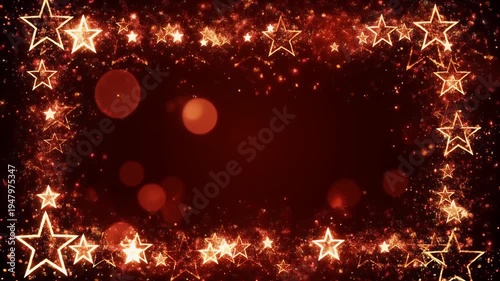 A dark red background with a border of twinkling golden stars and bokeh lights.