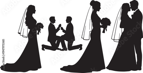 Isolated Wedding Couple Silhouettes Vector Set with Bride, Groom, Proposal, and Kiss. isolated PNG with Transparent Background