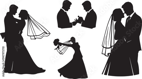 Wedding Couple Silhouettes Set. Bride and Groom in Romantic Poses for Marriage and Love Design. isolated PNG with Transparent Background