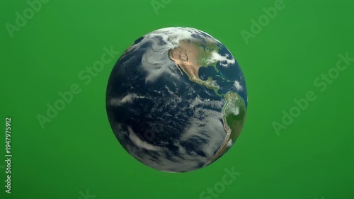 A 3D render of planet Earth rotating against a green screen background.