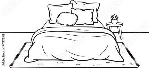 Cozy Bedroom Interior Line Art Illustration, Bed and Furniture Coloring Page