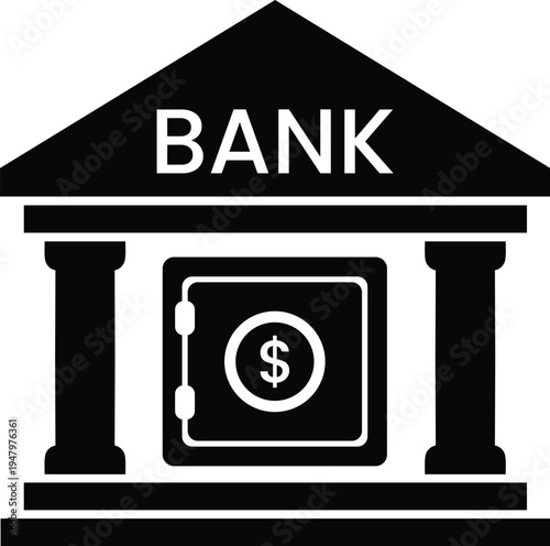 Black and white illustration of a bank building with columns and safe  financial institution