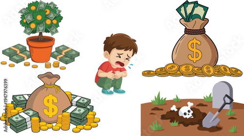 Money, Wealth, and Financial Struggles Illustrations for Finance, Savings, and Financial Education Designs