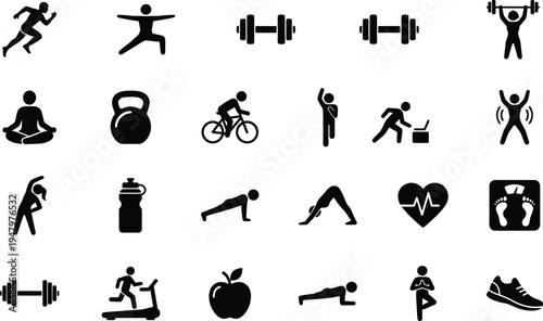 Black silhouettes of various fitness and exercise icons on white background