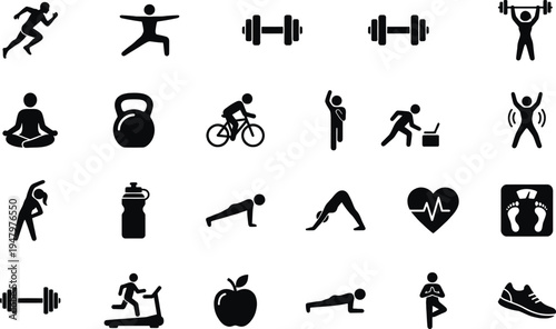 Black silhouettes of various fitness icons and symbols on white background