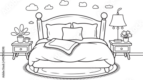 Cozy Bedroom Interior Line Art Illustration, Bed and Furniture Coloring Page