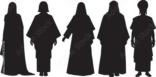 Set of Traditional Middle Eastern People Silhouettes in Various Robes and Garments isolated PNG with Transparent Background