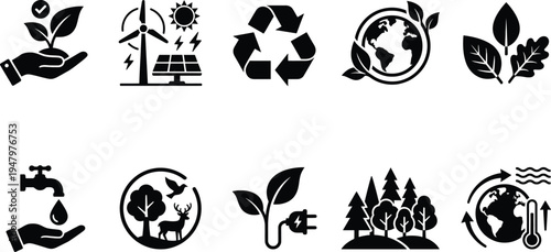 Eco friendly icons for environment and nature conservation  sustainable living symbols