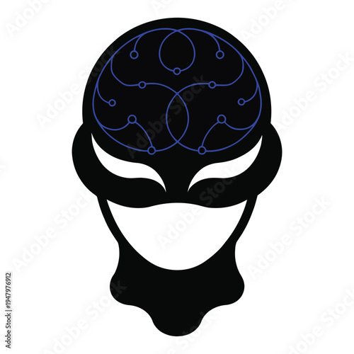 Artificial intelligence head silhouette with neural network brain in black and blue