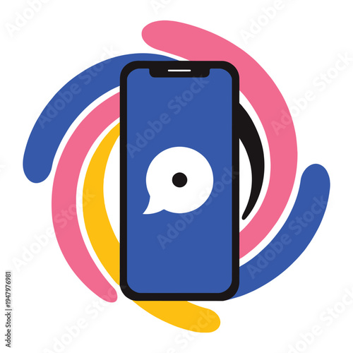Mobile chat app icon on smartphone with colorful abstract swirls background