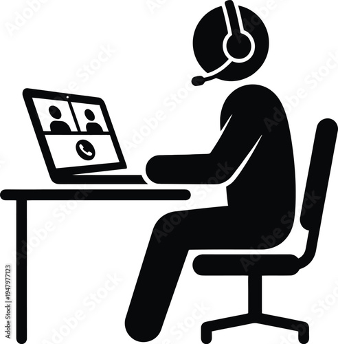 Person wearing headset sitting at desk with laptop computer  online support or remote work concept