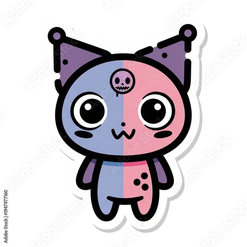 A cartoon sticker of a cute cat-like creature with a skull on its forehead, featuring a split pink and blue color scheme, with large eyes and purple ears and arms, on a white background.