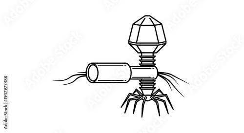 Bacteriophage virus illustration, scientific drawing of a microbe with head, sheath, and tail fibers