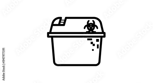 Biohazard Waste Bin Icon with Biohazard Symbol, Medical Disposal Container Line Art
