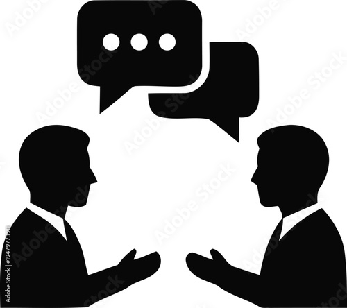 Two businessmen in silhouette talking with speech bubbles above them communicating
