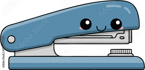 Blue office stapler with eyes.