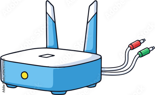 Blue wireless router with cables.