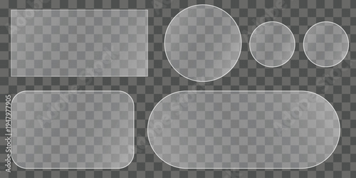 Glass transparent UI panel shapes set, modern rounded rectangle and circle frame elements, glossy interface template, vector design isolated on transparent background