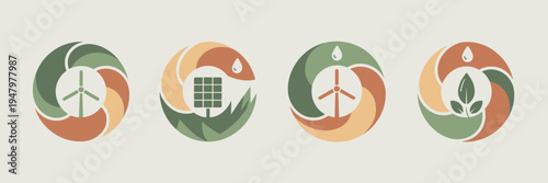 Green innovation energy cycle icons – Perfect for climate tech startup branding, renewable resource management, or eco-friendly design projects.