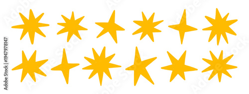 Crayon hand drawn stars, twinkle magic symbols. Shine, spark, or light elements. Silhouette sketches of sparkle icons on a transparent background. Doodle yellow glitter sparks, vector illustration