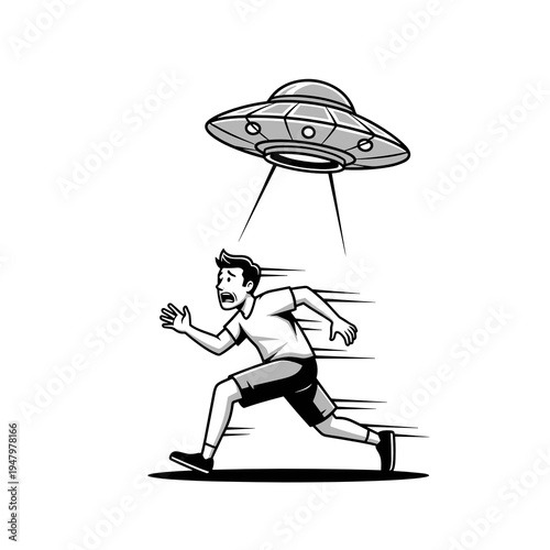 Man running from UFO abduction beam cartoon illustration