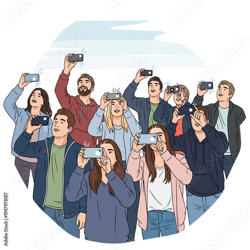 Group of friends watching sky and recording on smartphones