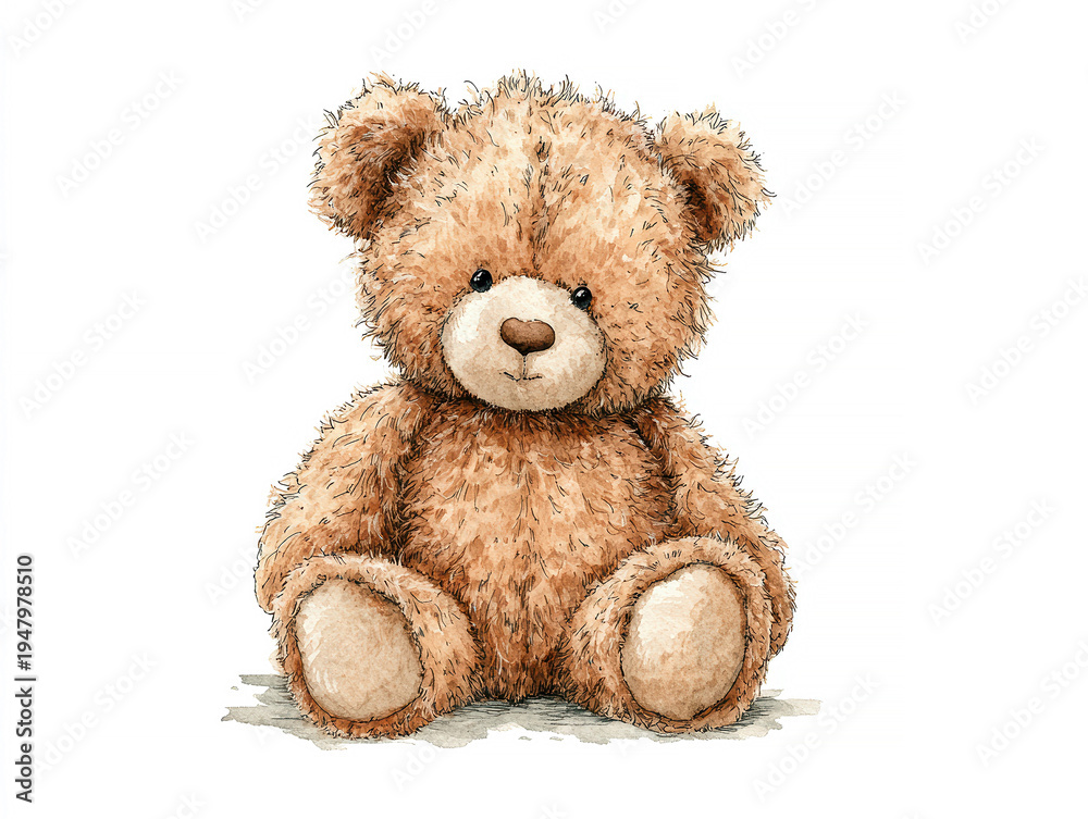 Fototapeta premium Watercolor illustration of a brown teddy bear on white background, sitting upright and extending arms Soft lines, pastel colors, and warm details light brown body, darker brown earsf - AI-Generated