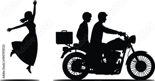 Silhouette of Woman Waving Goodbye to Two People Riding Away on Motorcycle Vector Isolated on White
