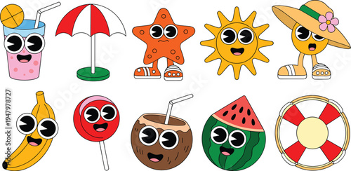Set of Retro Summer Cartoon Sticker Characters with Funny Faces Featuring Sun Fruits Lifebuoy and Beach Umbrella Vector Illustration