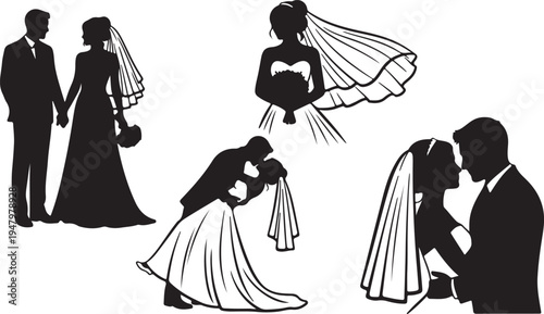 Wedding Couple Silhouettes Vector Set isolated PNG with Transparent Background