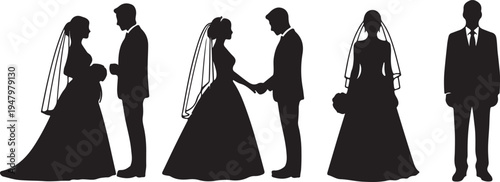 Collection of Black Wedding Couple Silhouettes and Individual Bride and Groom Figures isolated PNG with Transparent Background