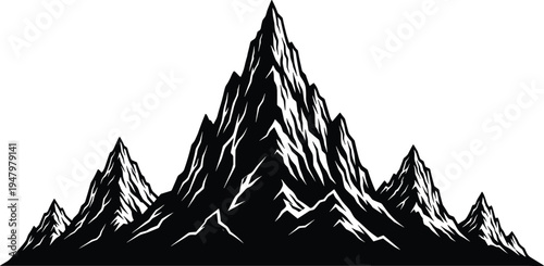 High altitude mountain range silhouette with sharp peaks and rocky ridges in black and white vector style for outdoor adventure, hiking, and climbing travel themes.