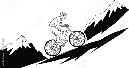 Action Mountain Biker Vector Illustration Silhouette Cycling Uphill on Steep Peak Trail with Snow Capped Mountains Background for Extreme Sports and Outdoor Adventure Design.