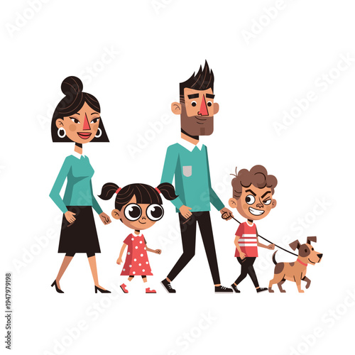 Happy family with a little troublemaker walking dog together illustration