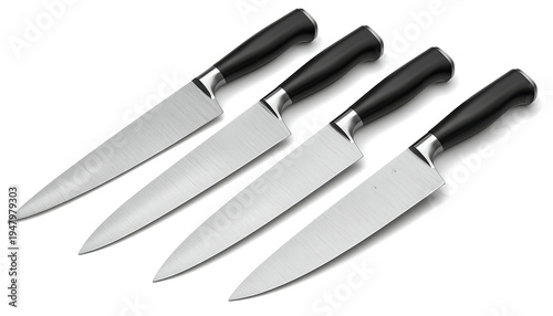 A professional set of four sharp stainless steel chef knives with black handles is arranged diagonally on a clean white background.