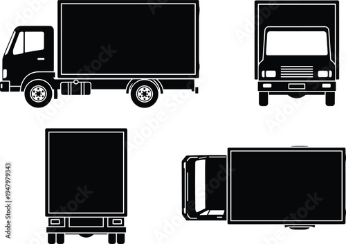 Black and White Delivery Truck Vector Illustration Set Featuring Side Front Back and Top View Perspectives for Logistics Transport and Commercial Shipping Design Projects