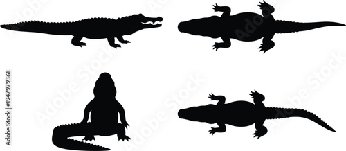 Collection of Minimalist Black Alligator Silhouettes and Crocodile Vector Icons in Various Poses for Nature Branding Wildlife Graphic Design Reptile Illustration and Everglades Logos