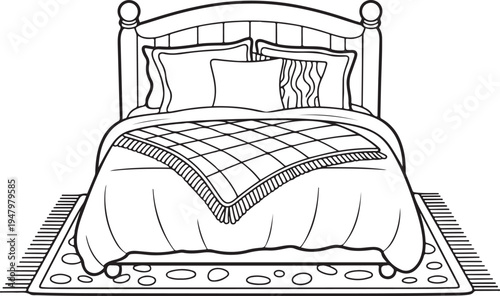 Cozy Bedroom Interior Line Art Illustration, Bed and Furniture Coloring Page