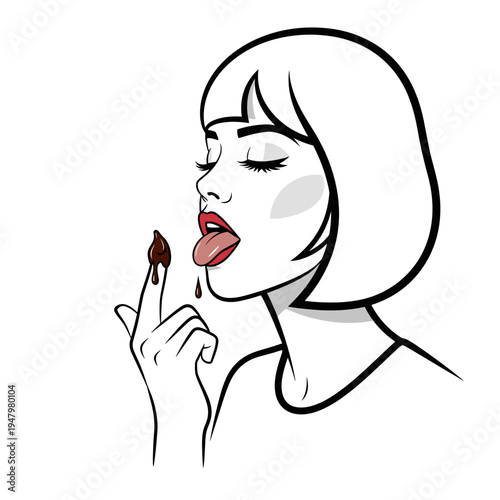 Woman licking chocolate from finger side portrait illustration