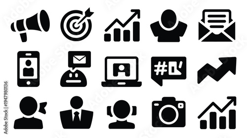 Business marketing icons bundle including megaphone target graph email phone laptop and social media symbols for advertising and communication strategy