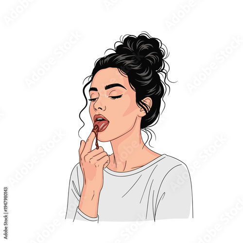 Young woman licking chocolate from finger illustration