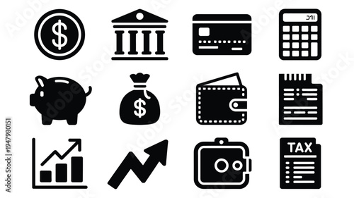 Collection of business and finance icons including money banking and investment symbols on white background