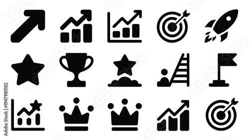 Business growth icons set including success target and profit symbols in black silhouette on white background for marketing and finance concepts