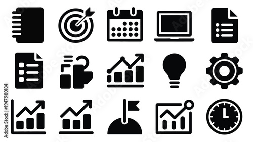 Business planning icons set with black silhouette symbols for strategy management and finance on white background