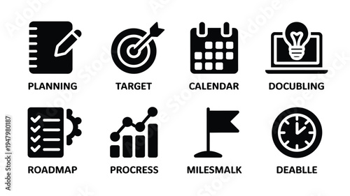 Business planning and strategy icons set including planning target calendar documentation roadmap progress milestone and deadline symbols in black silhouette on white background
