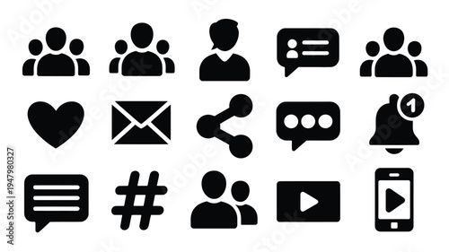 Social media community icons set with people chat and communication symbols on white background
